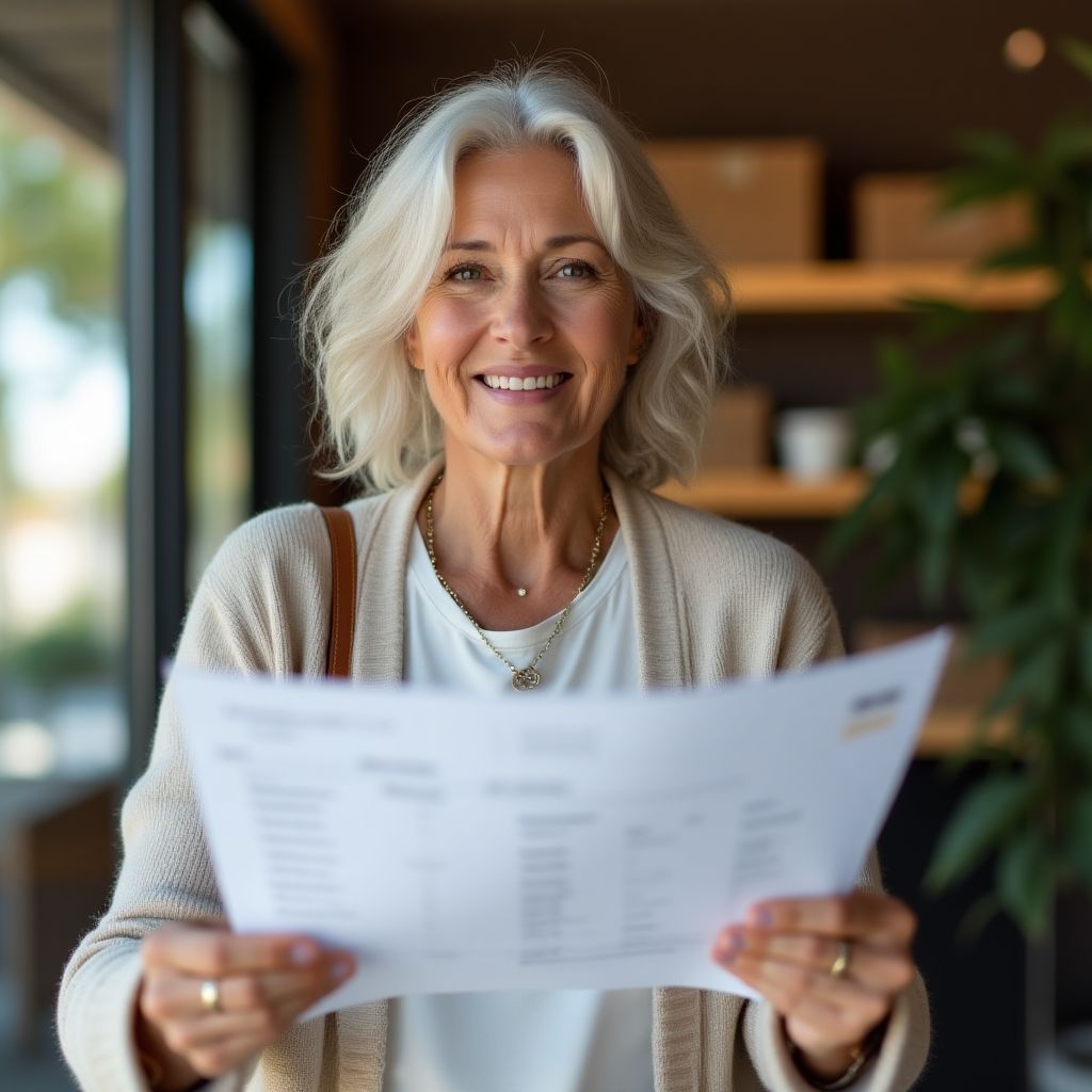 Mujer sonriente mostrando su lista de compras