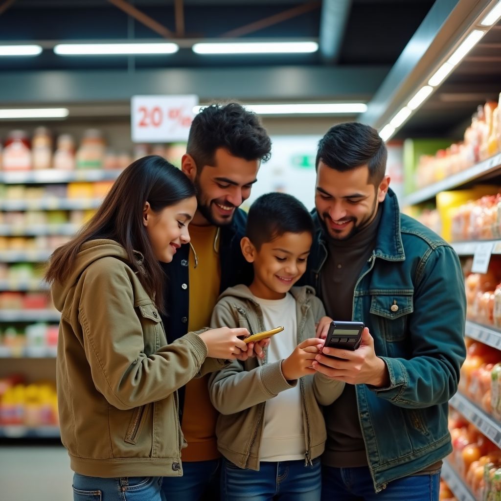 Familia en el supermercado comparando precios